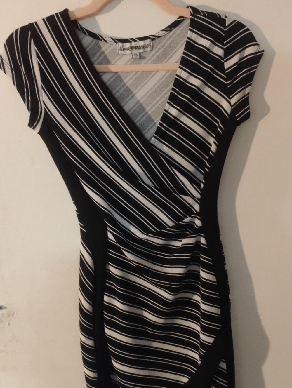 Almost Famous Black and White Striped Faux-Wrap Midi Dress